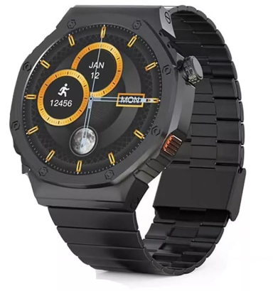 Black smartwatch with a detailed face on a white background